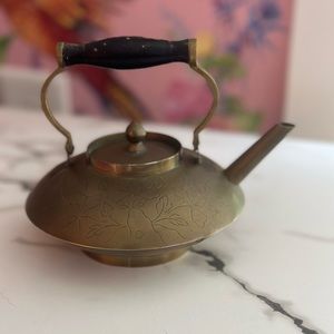 Vintage Etched Brass Chinese Teapot or Kettle With Wooden Handle Mid Century